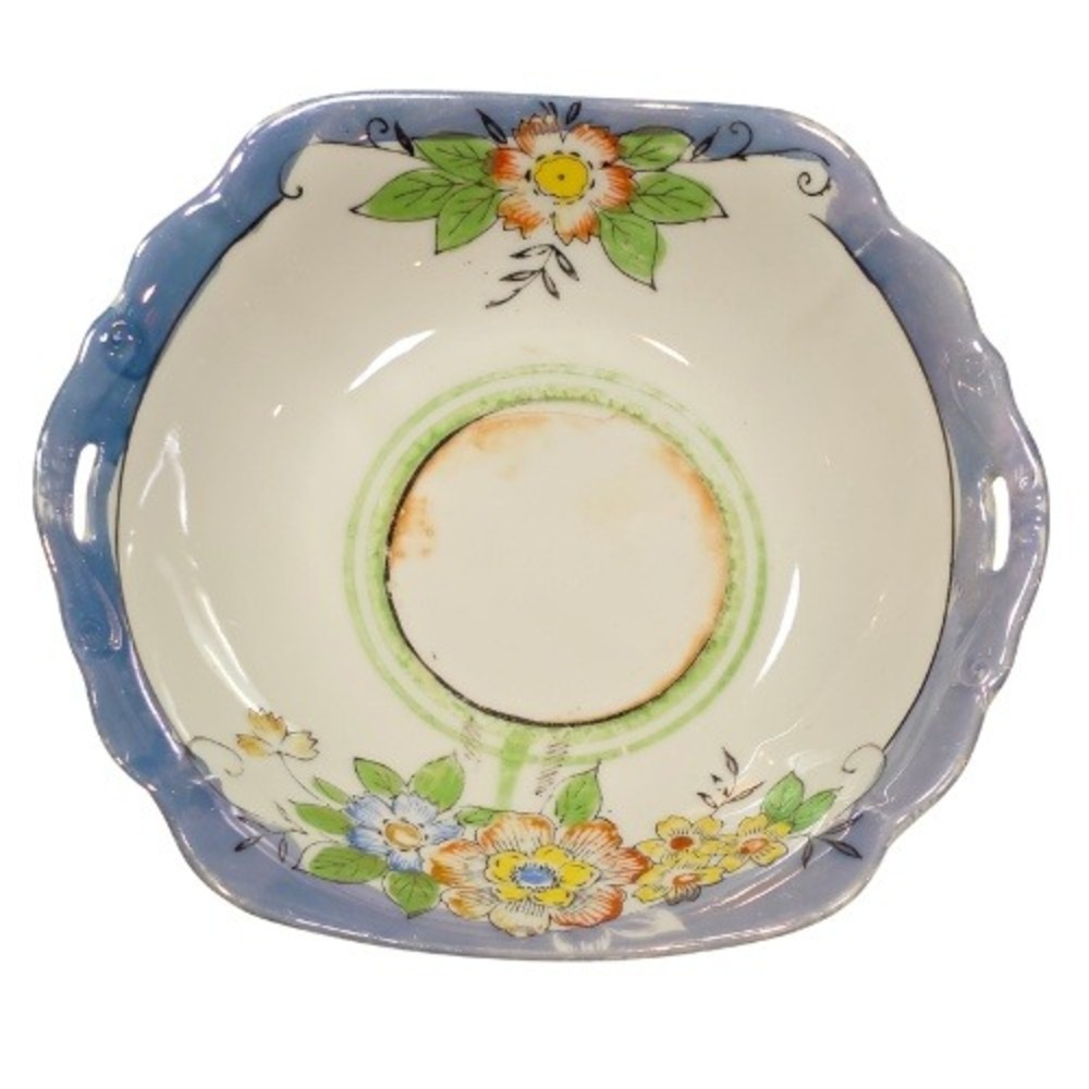 Vintage Made in Japan Floral Lusterware Porcelain Scalloped Square Handled Dish